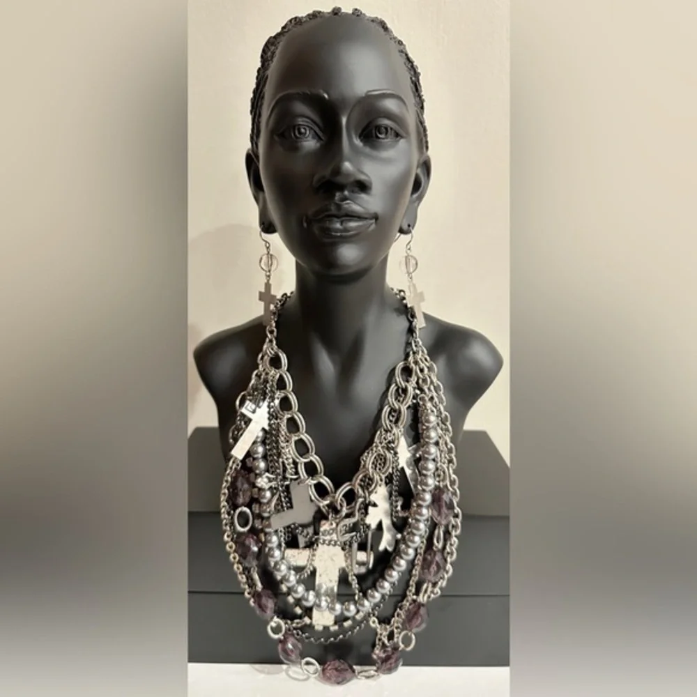 Bold Silver Statement Necklace with Cross Charms & Matching Earrings